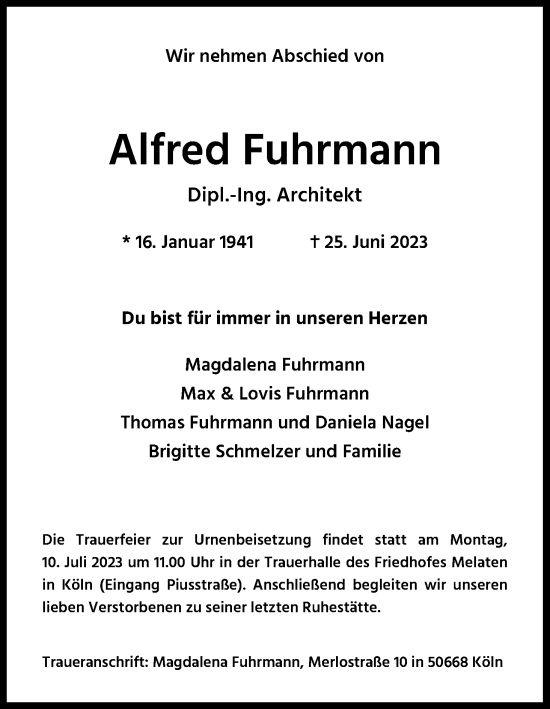 Anzeige von Alfred Fuhrmann von Kölner Stadt-Anzeiger / Kölnische Rundschau / Express