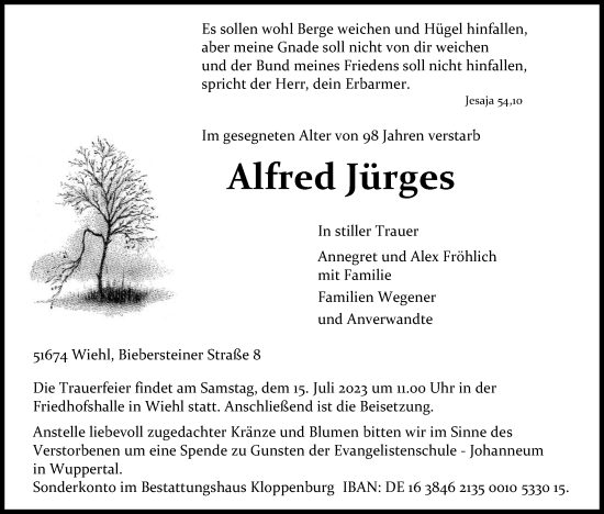 Anzeige von Alfred Jürges von Kölner Stadt-Anzeiger / Kölnische Rundschau / Express