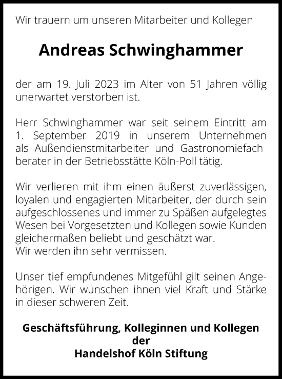 Anzeige von Andreas Schwinghammer von Kölner Stadt-Anzeiger / Kölnische Rundschau / Express
