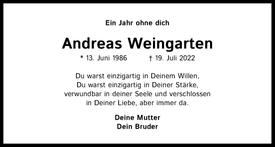 Anzeige von Andreas Weingarten von Kölner Stadt-Anzeiger / Kölnische Rundschau / Express
