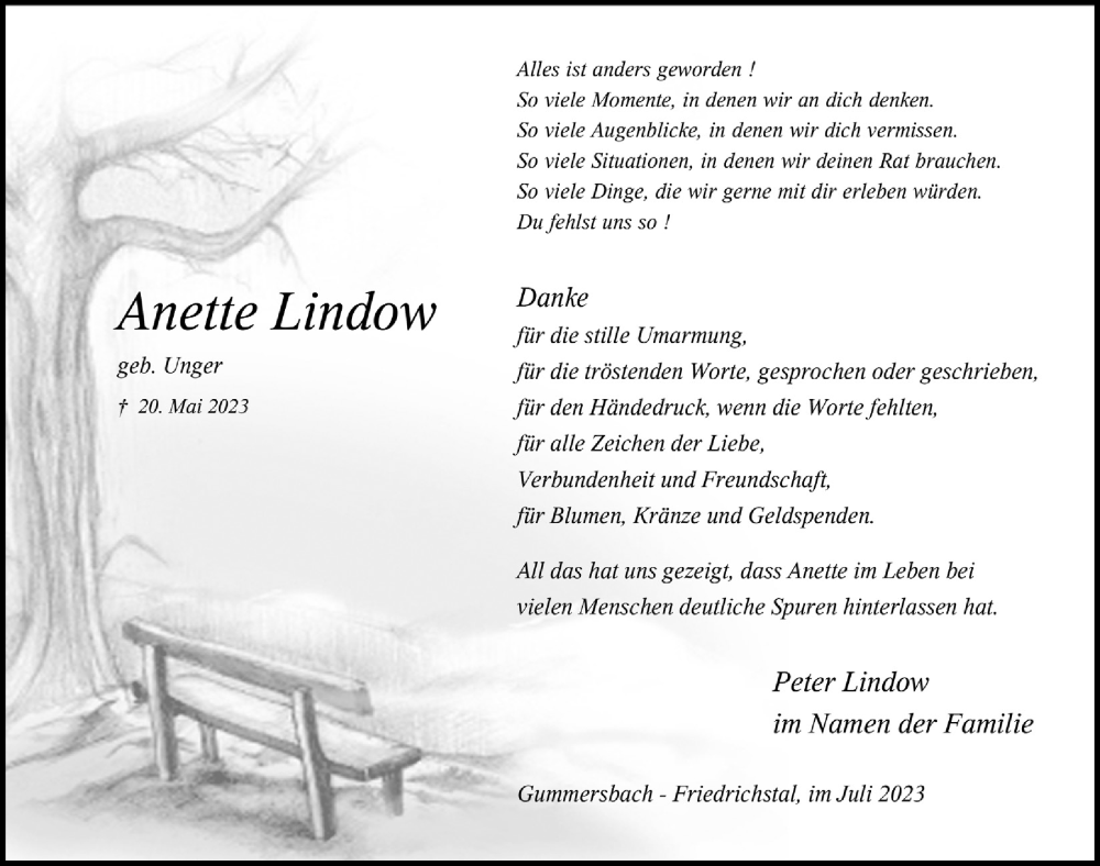  Traueranzeige für Anette Lindow vom 21.07.2023 aus  Anzeigen Echo 