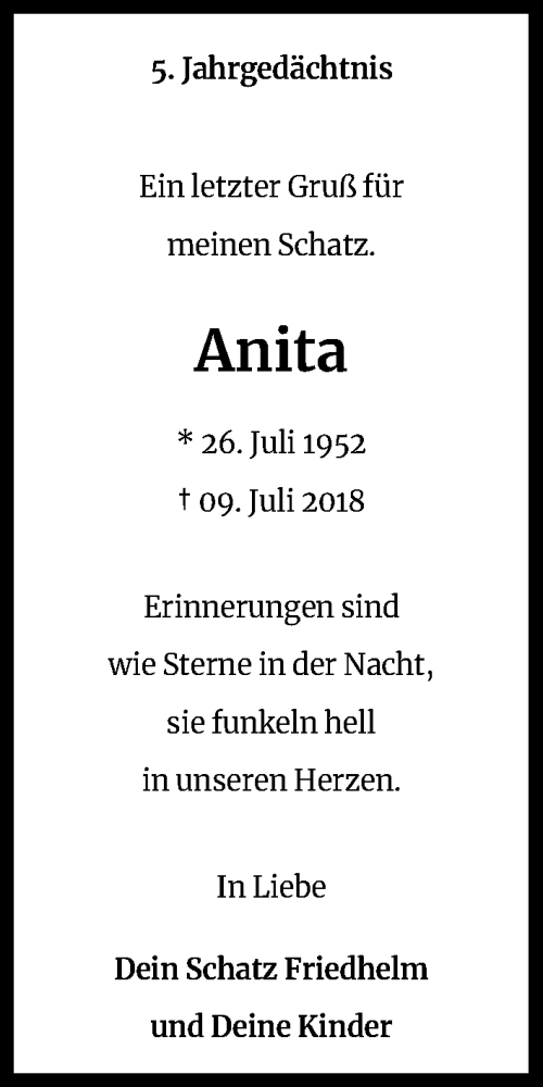  Traueranzeige für Anita  vom 08.07.2023 aus Kölner Stadt-Anzeiger / Kölnische Rundschau / Express