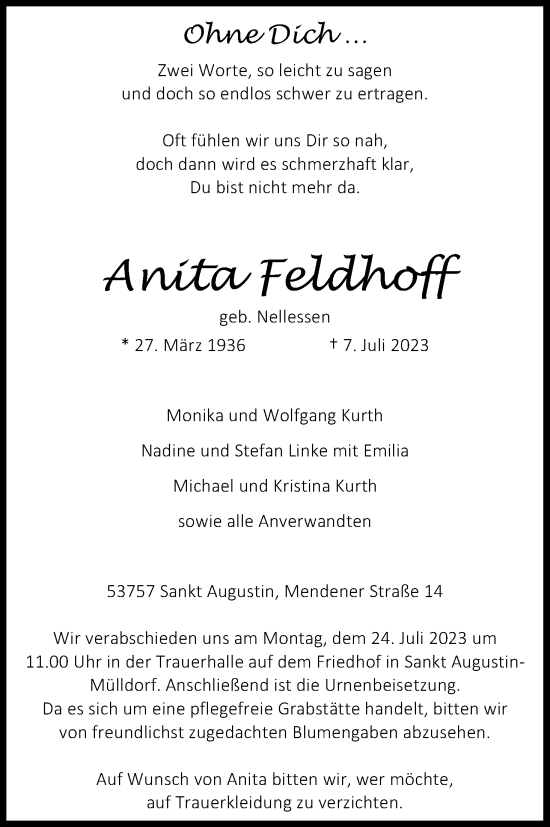 Anzeige von Anita Feldhoff von Kölner Stadt-Anzeiger / Kölnische Rundschau / Express