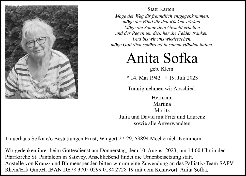  Traueranzeige für Anita Sofka vom 29.07.2023 aus  Blickpunkt Euskirchen 