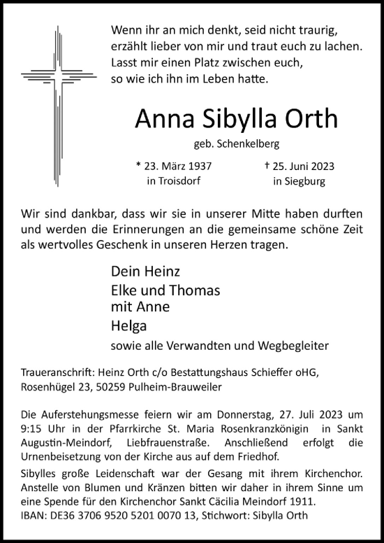 Anzeige von Anna Sibylla Orth von  Extra Blatt 