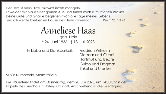 Anzeige von Anneliese Haas von Kölner Stadt-Anzeiger / Kölnische Rundschau / Express