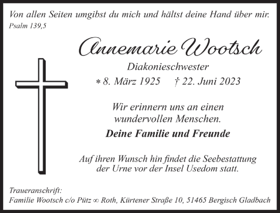 Anzeige von Annemarie Wootsch von  Bergisches Handelsblatt 