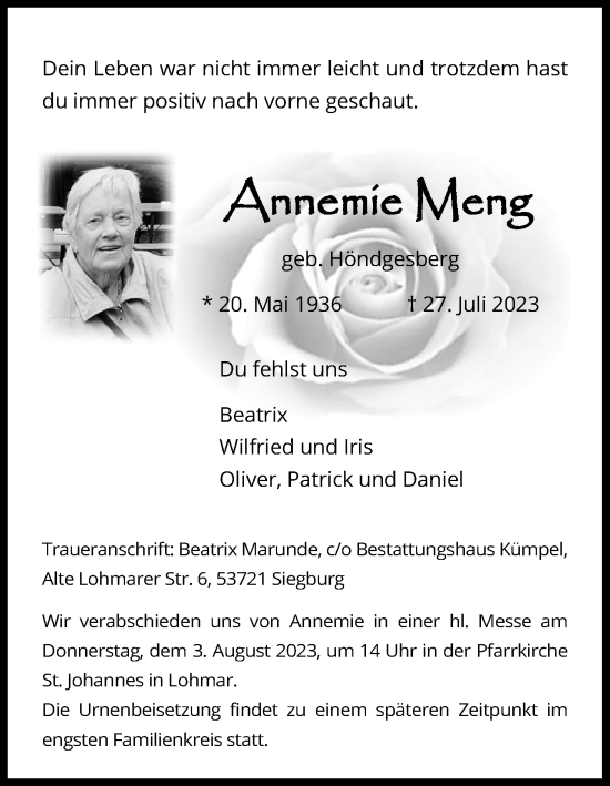 Anzeige von Annemie Meng von Kölner Stadt-Anzeiger / Kölnische Rundschau / Express