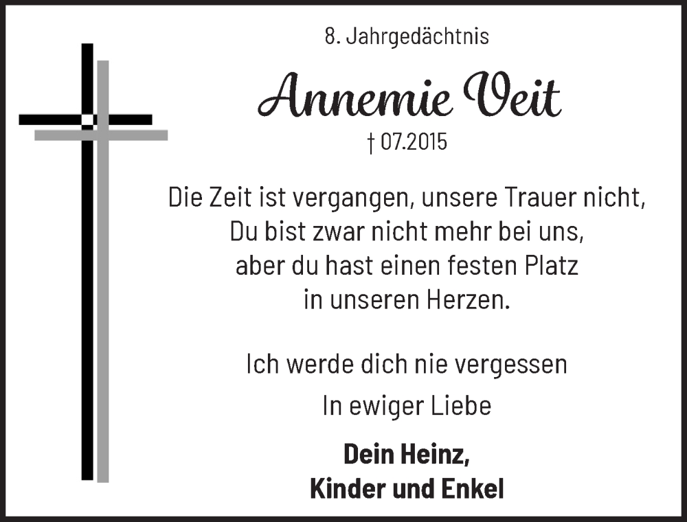  Traueranzeige für Annemie Veit vom 18.07.2023 aus  Werbepost 