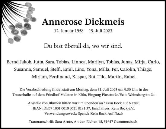 Anzeige von Annerose Dickmeis von Kölner Stadt-Anzeiger / Kölnische Rundschau / Express