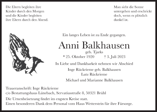 Anzeige von Anni Balkhausen von  Schlossbote/Werbekurier 