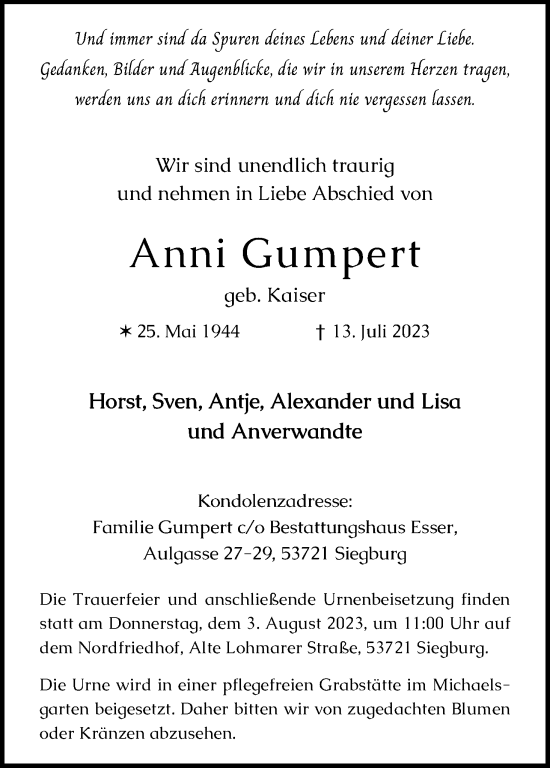 Anzeige von Anni Gumpert von Kölner Stadt-Anzeiger / Kölnische Rundschau / Express