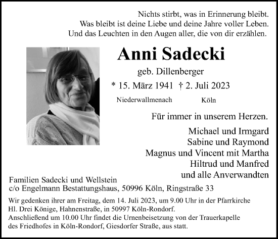 Anzeige von Anni Sadecki von Kölner Stadt-Anzeiger / Kölnische Rundschau / Express