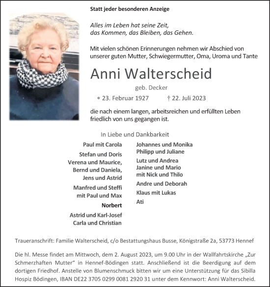 Anzeige von Anni Walterscheid von Kölner Stadt-Anzeiger / Kölnische Rundschau / Express