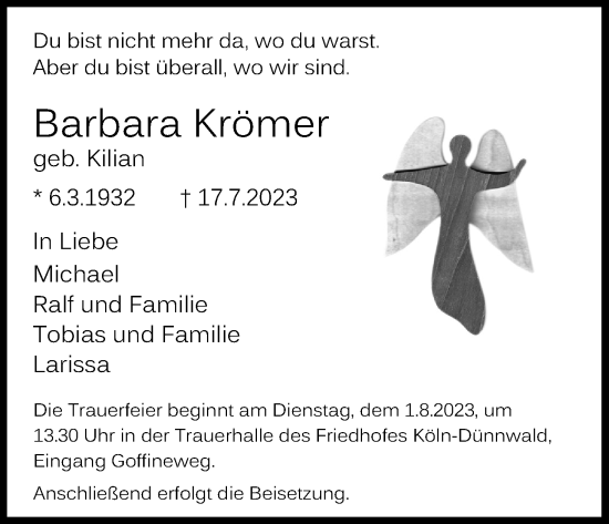 Anzeige von Barbara Krömer von Kölner Stadt-Anzeiger / Kölnische Rundschau / Express
