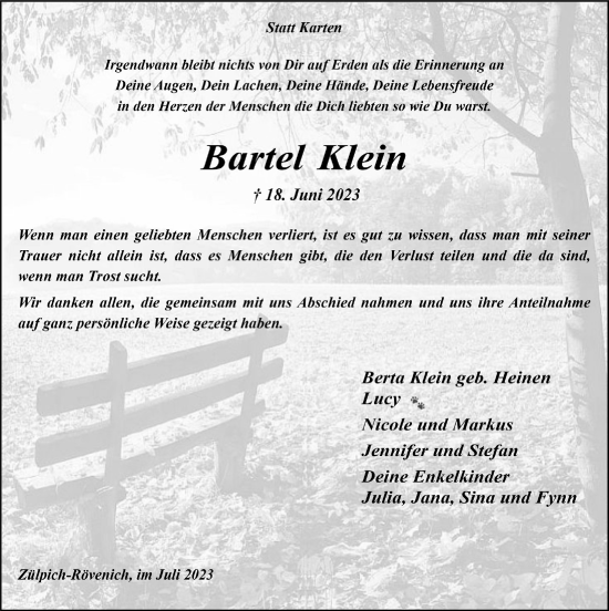 Anzeige von Bartel Klein von  Blickpunkt Euskirchen 