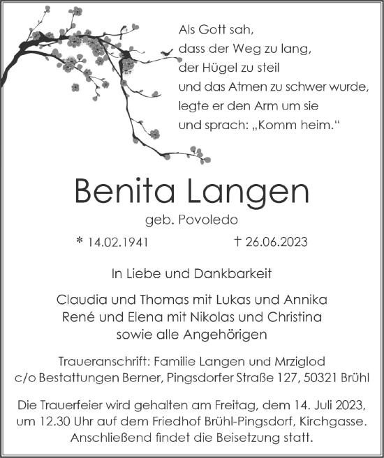 Anzeige von Benita Langen von  Schlossbote/Werbekurier 