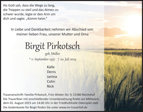 Anzeige von Birgit Pirkotsch von  Lokalanzeiger 