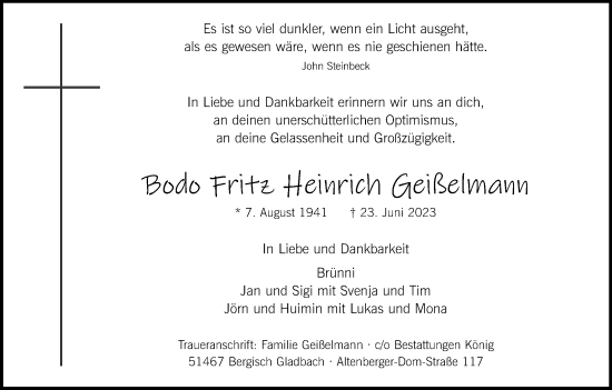 Anzeige von Bodo Fritz Heinrich Geißelmann von Kölner Stadt-Anzeiger / Kölnische Rundschau / Express