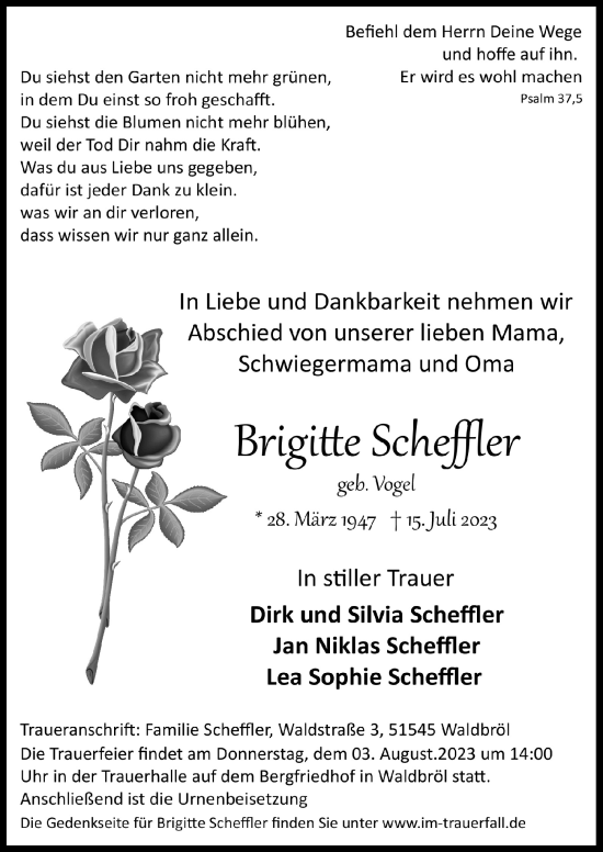 Anzeige von Brigitte Scheffler von  Lokalanzeiger 
