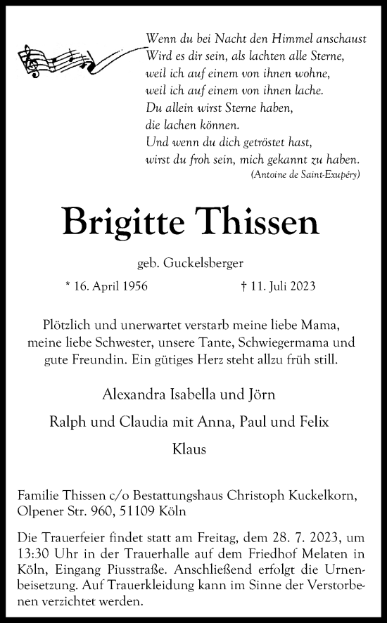Anzeige von Brigitte Thissen von Kölner Stadt-Anzeiger / Kölnische Rundschau / Express