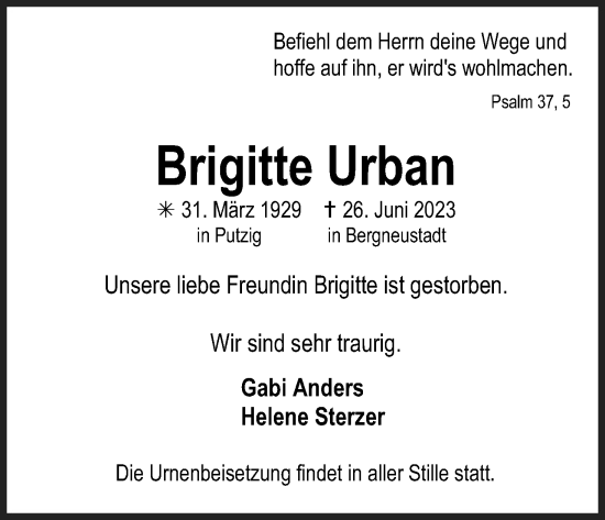 Anzeige von Brigitte Urban von Kölner Stadt-Anzeiger / Kölnische Rundschau / Express