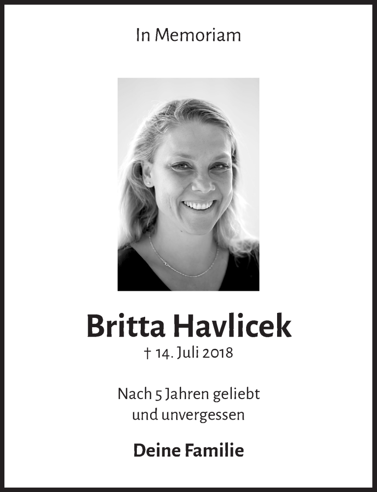  Traueranzeige für Britta Havlicek vom 18.07.2023 aus  Schlossbote/Werbekurier 