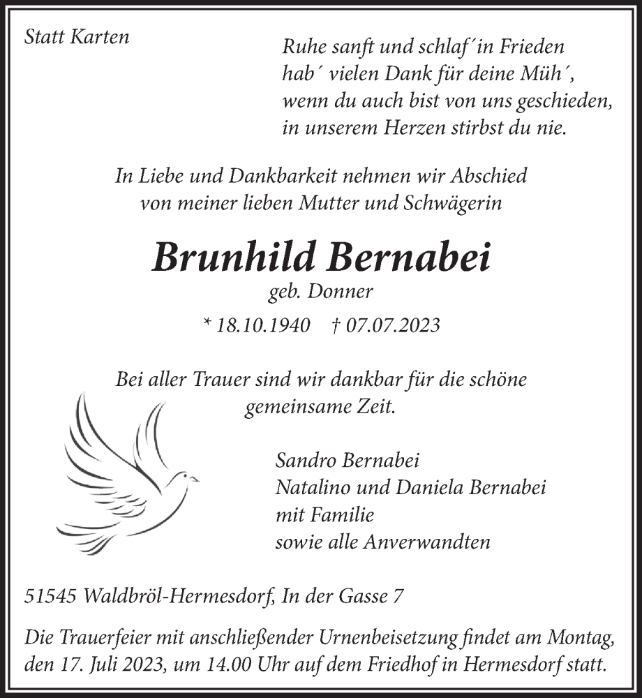  Traueranzeige für Brunhild Bernabei vom 14.07.2023 aus  Lokalanzeiger 
