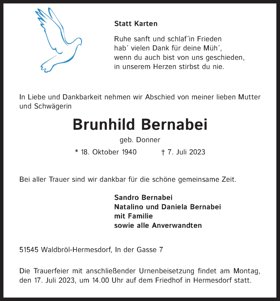 Traueranzeige für Brunhild Bernabei vom 14.07.2023 aus Kölner Stadt-Anzeiger / Kölnische Rundschau / Express