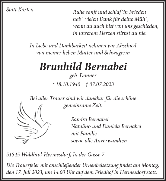 Anzeige von Brunhild Bernabei von  Lokalanzeiger 