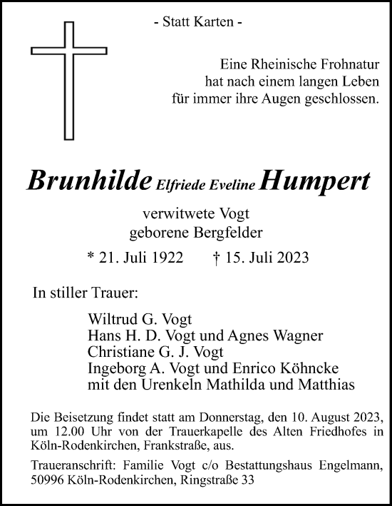 Anzeige von Brunhilde Elfriede Eveline Humpert von Kölner Stadt-Anzeiger / Kölnische Rundschau / Express