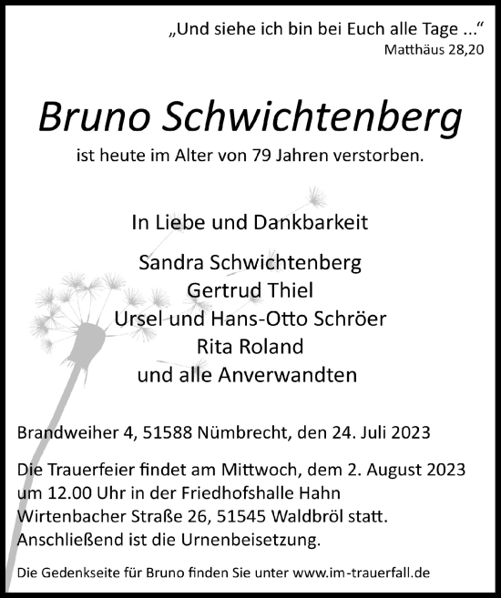 Anzeige von Bruno Schwichtenberg von  Lokalanzeiger 