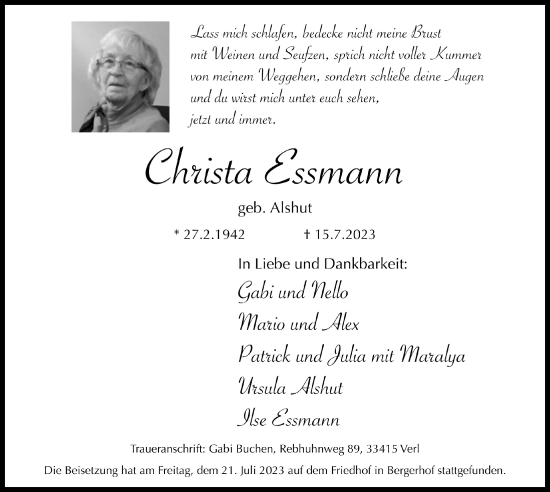 Anzeige von Christa Essmann von  Lokalanzeiger 