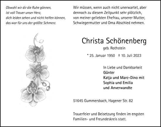 Anzeige von Christa Schönenberg von  Anzeigen Echo 