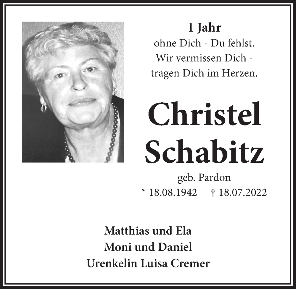  Traueranzeige für Christel Schabitz vom 18.07.2023 aus  Werbepost 