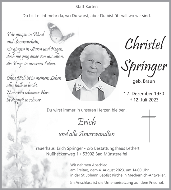 Anzeige von Christel Springer von  Blickpunkt Euskirchen 