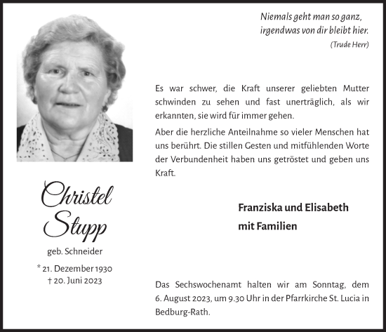 Anzeige von Christel Stupp von  Werbepost 