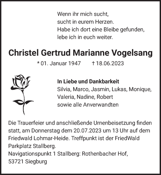 Anzeige von Christel Gertrud Marianne Vogelsang von  EXPRESS - Die Woche 