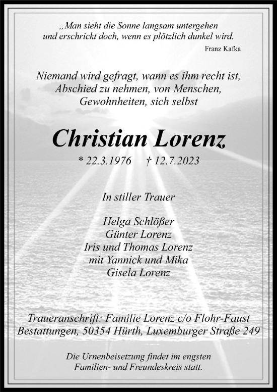 Anzeige von Christian Lorenz von  Wochenende 