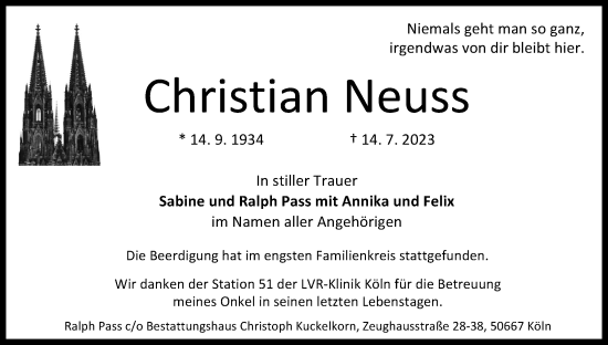Anzeige von Christian Neuss von Kölner Stadt-Anzeiger / Kölnische Rundschau / Express