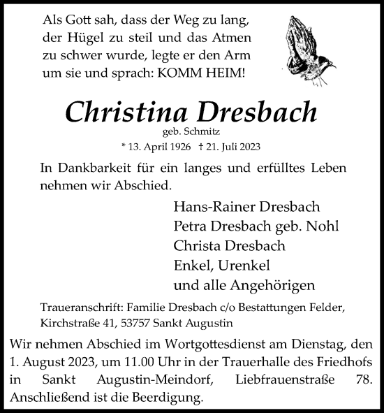 Anzeige von Christina Dresbach von Kölner Stadt-Anzeiger / Kölnische Rundschau / Express