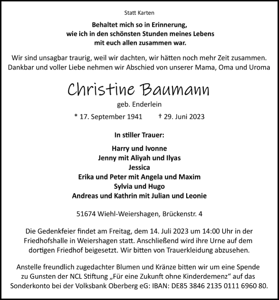 Anzeige von Christine Baumann von  Anzeigen Echo 