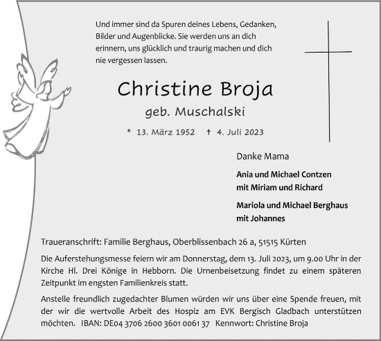 Anzeige von Christine Broja von  Bergisches Handelsblatt 