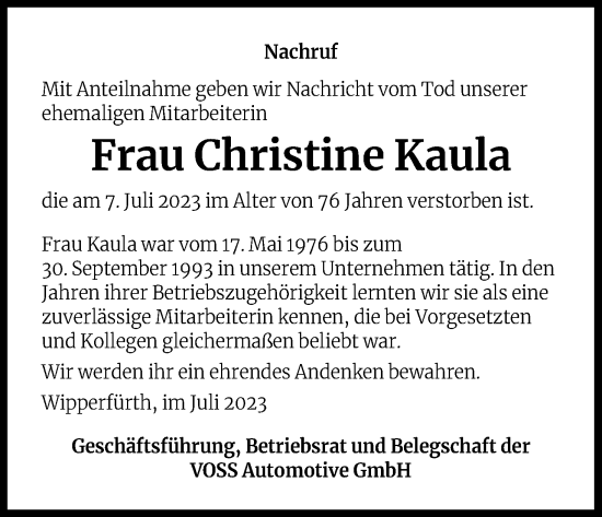 Anzeige von Christine Kaula von Kölner Stadt-Anzeiger / Kölnische Rundschau / Express