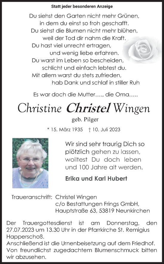 Anzeige von Christine Christel Wingen von Kölner Stadt-Anzeiger / Kölnische Rundschau / Express