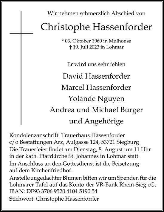 Anzeige von Christophe Hassenforder von Kölner Stadt-Anzeiger / Kölnische Rundschau / Express