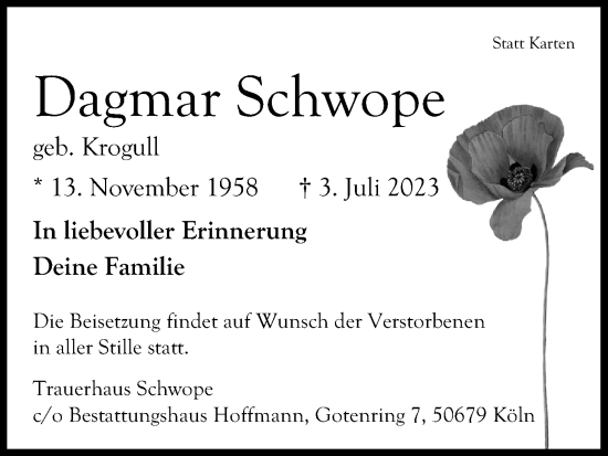 Anzeige von Dagmar Schwope von Kölner Stadt-Anzeiger / Kölnische Rundschau / Express