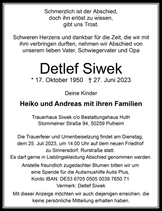 Anzeige von Detlef Siwek von  Wochenende 