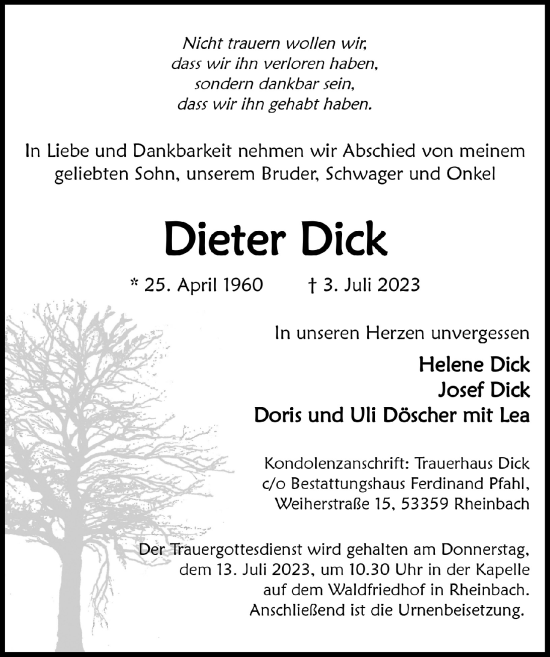 Anzeige von Dieter Dick von  Schaufenster/Blickpunkt 