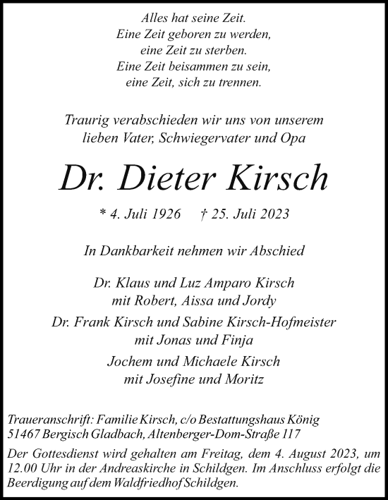 Anzeige von Dieter Kirsch von Kölner Stadt-Anzeiger / Kölnische Rundschau / Express